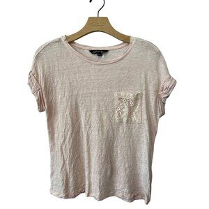 Charlie B Short Sleeve Lace Pocket Tee Size Small Crewneck Pink Linen Essential